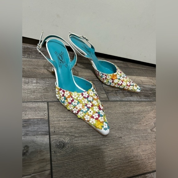 Jeffrey Campbell 💎 🌈 floral Blue&White leather heel white Multi pointy toe - Picture 2 of 12
